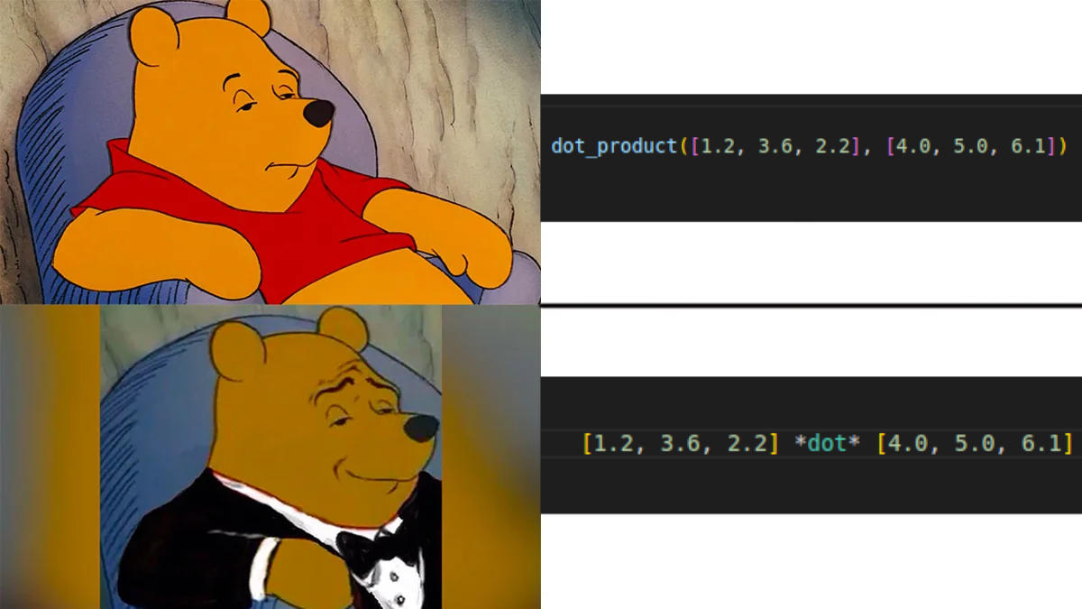 Winnie the Pooh meme: the regular Pooh has at dot_product([1.2, 3.6, 2.2], [4.0, 5.0, 6.1]) while the suit one has [1.2, 3.6, 2.2] *dot* [4.0, 5.0, 6.1]